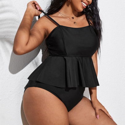 Plus Size Sling Backless Ruffles Solid Color Tankini Two-piece Set NSJHD124889