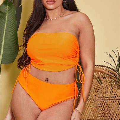 Plus Size Tube Top Drawstring High Waist Solid Color Tankini Two-piece Set NSJHD124942