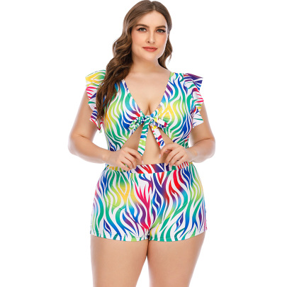 Plus Size Striped Print Lace-Up Flying Sleeve Hollow Boxer One Piece Swimsuit NSJHD124958