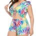plus size Striped Print Lace-Up flying sleeve hollow Boxer One Piece Swimsuit NSJHD124958
