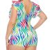 plus size Striped Print Lace-Up flying sleeve hollow Boxer One Piece Swimsuit NSJHD124958
