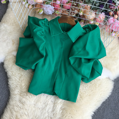 Short Puff Sleeve Lapel Short Solid Color Shirt NSYXG124775