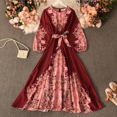 Print Palace Style Long Puff Sleeves Lace-up Slim Large Swing Dress NSYXG124773
