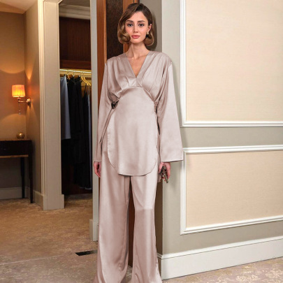 Solid Color Satin Long-sleeved Top Trousers Pajamas Set NSMSY124739