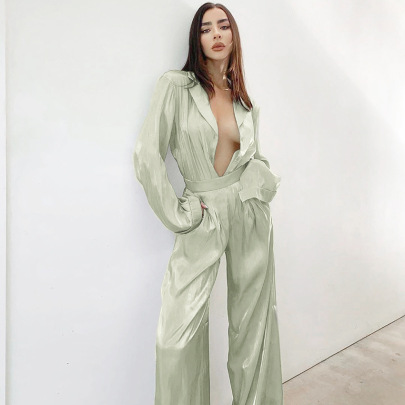 Solid Color Faux Silk Two-piece Pajamas Set NSMSY124446
