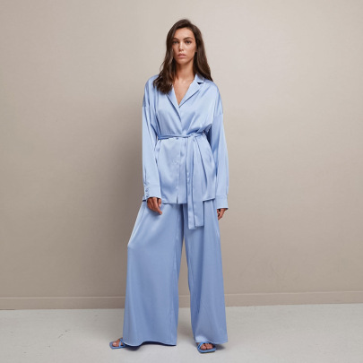 Faux Silk Top And Trousers Two-piece Pajamas  NSMSY124443