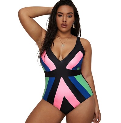 Plus Size Sling Backless Stitching Contrast Color One-piece Swimsuit NSJHD124879