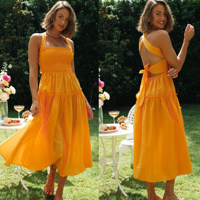 Solid Color Sleeveless Halter Neck Lace-up Long Dress NSJKW124995