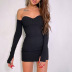 one-word shoulder slim long sleeve short solid color dress NSKFE125066