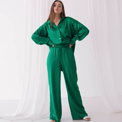 Solid Color Satin Lapel Long-sleeved Shirts Trousers Pajamas Set NSMSY125075