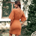v-neck mid-sleeve lace-up hollow slim solid color dress NSDF125090