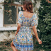 square neck short sleeve high waist floral dress NSDF125094