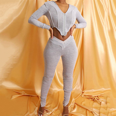 Zipper Solid Color Long-sleeved Hooded Mid-waist Slim Top And Pant Set NSLGY125100