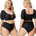 plus size low-cut short-sleeved hollow high-waist solid color Tankini two-piece set NSJHD125116