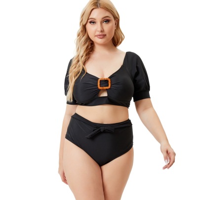 Plus Size Low-cut Short-sleeved Hollow High-waist Solid Color Tankini Two-piece Set NSJHD125116