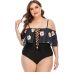 plus size print sling hollow lace-up ruffled one-piece swimsuit NSJHD125121