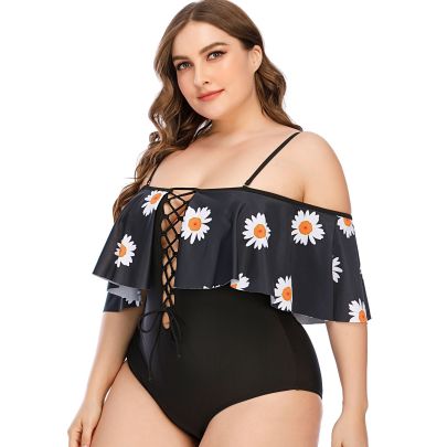 Plus Size Print Sling Hollow Lace-up Ruffled One-piece Swimsuit NSJHD125121