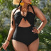 plus size hollowed halter neck lace-up low-cut solid color one-piece swimsuit NSJHD125122