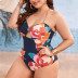 plus size printing hollow low-cut lace-up hanging neck one-piece swimsuit NSJHD125136