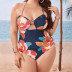 plus size printing hollow low-cut lace-up hanging neck one-piece swimsuit NSJHD125136