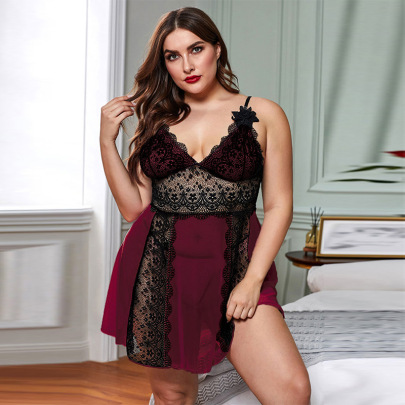 Plus Size Mesh See-through Deep V-neck Sling Lace Nightdress With Panties NSQMY125158