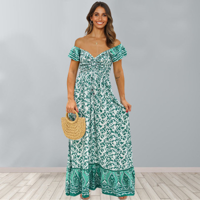 Short-sleeved One-word Shoulder Long Floral Dress NSHYG125289