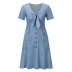 imitation denim buttons low-cut short sleeve lace-up dress NSHYG125292