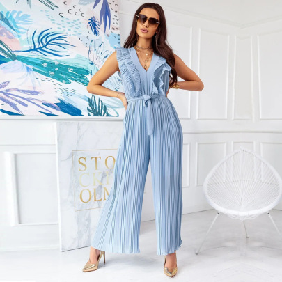 Pleated Solid Color Wide-leg V-neck Sleeveless Ruffle Lace-up Jumpsuit (multicolor) NSHYG125297