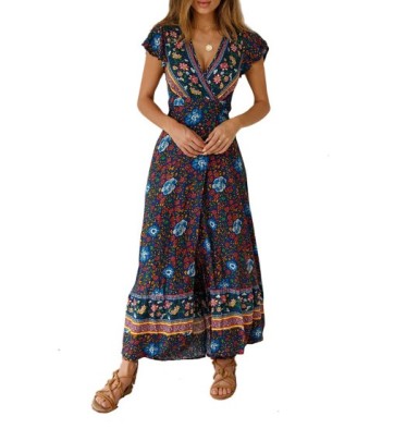 Bohemian V-neck Split Short Sleeve Lace-up Flower Print Dress NSJRM125254