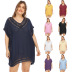 plus size hollow V-neck short sleeve loose solid color beach outdoor cover-up (multicolor) NSOY125343