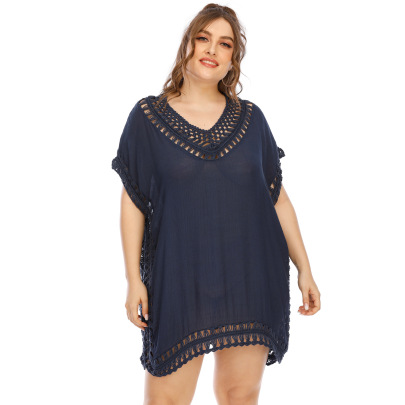 Plus Size Hollow V-neck Short Sleeve Loose Solid Color Beach Outdoor Cover-up (multicolor) NSOY125343