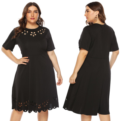 Plus Size Hollowed Short-sleeved Round Neck Solid Color Dress NSOY125344