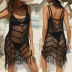 sling backless Hollow Fringe solid color see-through beach outdoor cover-up NSOY125347