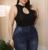 Plus size round neck sleeveless hollow solid color jumpsuit NSOY125352