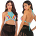 hollow hanging neck backless lace-up mixed color bikini top NSOY125359