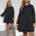 plus size stitching long-sleeved round neck wave edge solid color lace dress NSOY125363