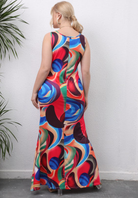 Plus Size Printing Sleeveless Round Neck Slim Long Dress NSOY125364