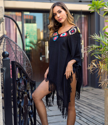 Hand Hook Stitching Fringed Loose V Neck Beach Outdoor Cover-up NSOY125368