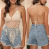 hand crochet tassel hanging neck backless lace-up beach vest cover-ups NSOY125372