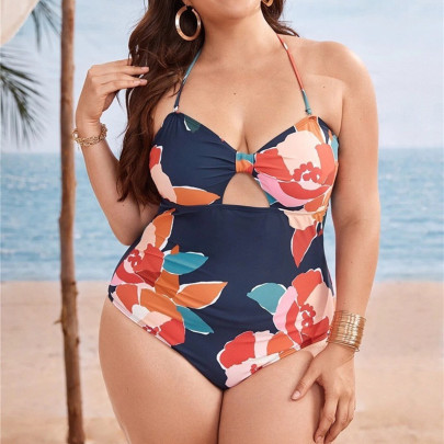 Plus Size Printing Hollow Low-cut Lace-up Hanging Neck One-piece Swimsuit NSJHD125136
