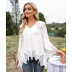 V-neck ruffled loose long sleeve solid color lace top NSBCG125416