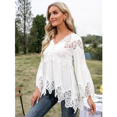 V-neck Ruffled Loose Long Sleeve Solid Color Lace Top NSBCG125416