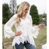 V-neck ruffled loose long sleeve solid color lace top NSBCG125416