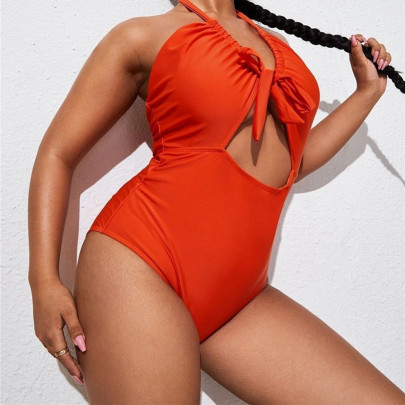 Plus Size Hollowed Halter Neck Lace-up Low-cut Solid Color One-piece Swimsuit NSJHD125122