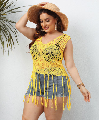 Plus Size Hollow Tassel Sleeveless Solid Color Beach Vest Cover-ups NSOY125437