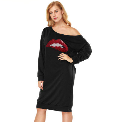 Lip Print Slanted Shoulder Sequin Long Sleeve Loose Sweatshirt Dress NSOY125443