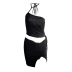 hanging neck backless drawstring slit solid color vest and skirt set NSBCG125499