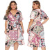 plus size deep V short-sleeved lace-up flower print dress NSOY125567