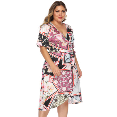 Plus Size Deep V Short-sleeved Lace-up Flower Print Dress NSOY125567