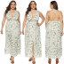 plus size print deep V backless slit hanging neck dress NSOY125569